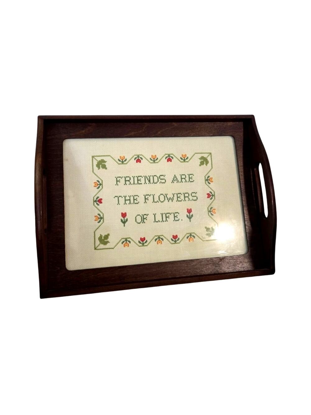 Sudberry House Oak Serving Tray Glass Friends Flowers Needlework Cottagecore